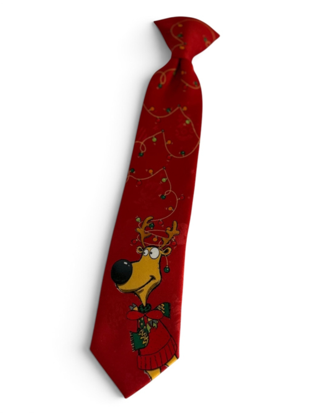 Youth Christmas Clip-On Tie – Reindeer Holiday Lights – Red